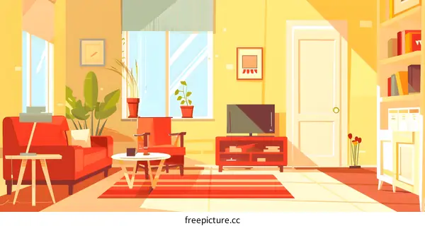 Living Room Interior Design with Red Sofa and Bookcase