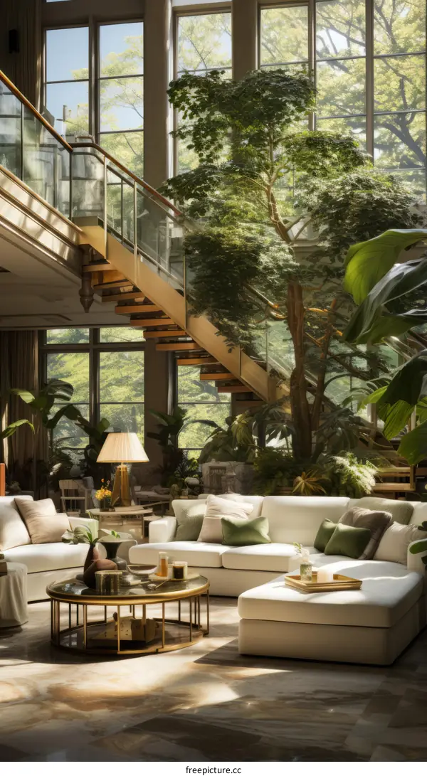 Staircase in a modern house with a large tree in the middle