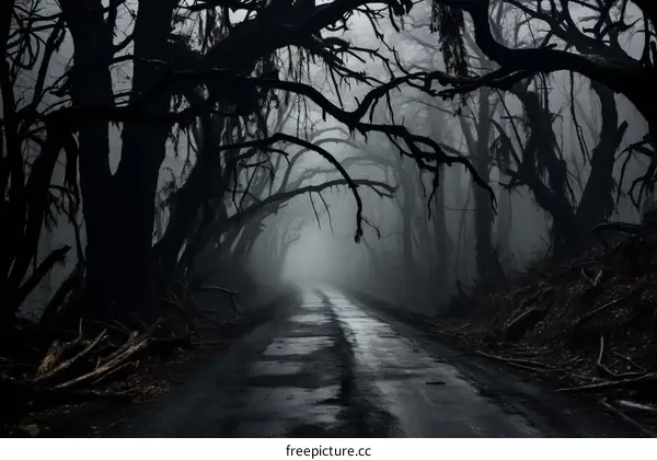 Road through a dark and foggy forest