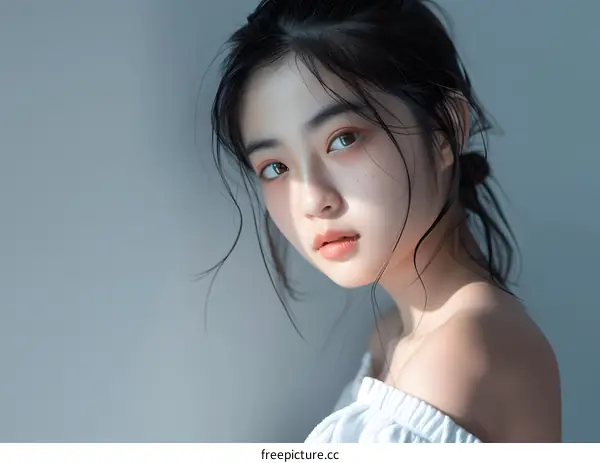 Portrait of a Young Asian Woman with Wet Hair and a White Shirt