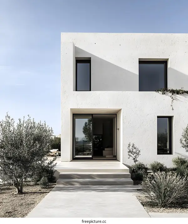 Modern Minimalist White House Exterior with Sliding Glass Doors and Olive Trees