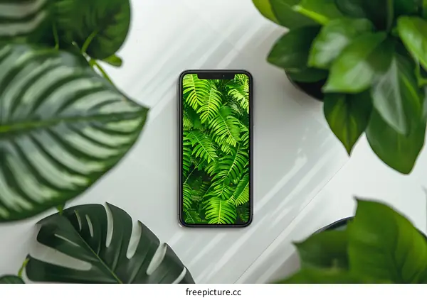 Phone with Green Leaves Background on White Table