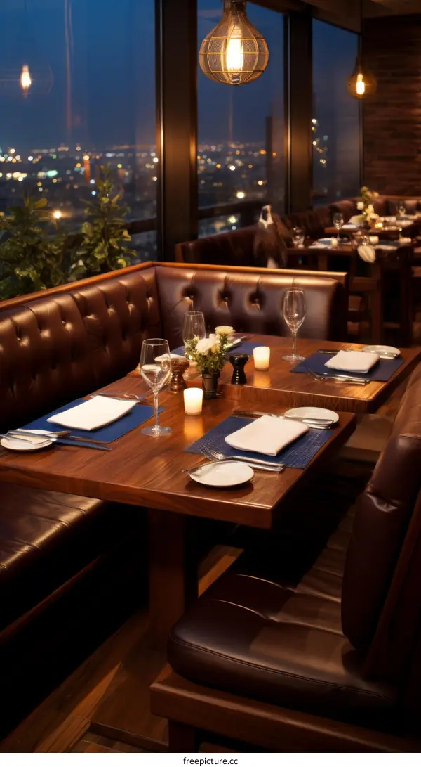 Fine dining restaurant with a view of the city at night