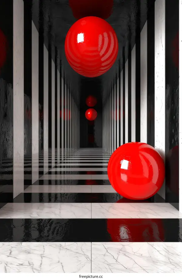 Three red spheres in a black and white striped hallway