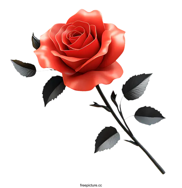 [Transparent Background PNG]3D Rendered Red Rose with Dark Leaves