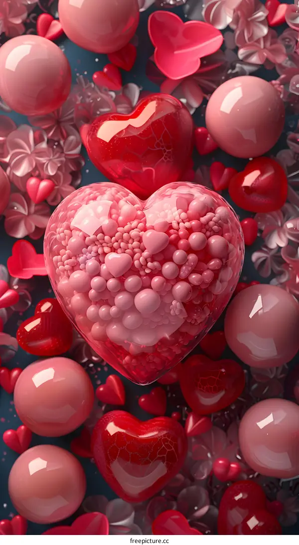 A transparent heart-shaped balloon filled with pink balls, surrounded by many pink and red heart-shaped balloons and flowers