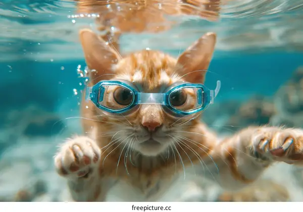 A ginger cat wearing blue goggles swims underwater