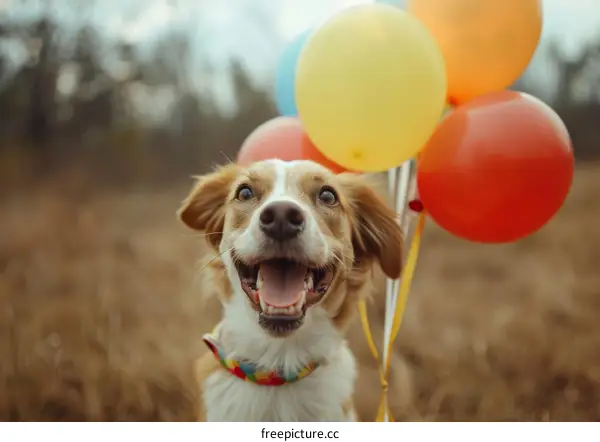 Happy dog with colorful balloons in the field
