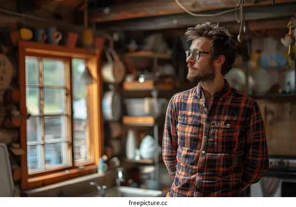 Portrait of a man standing in a kitchen looking out the window