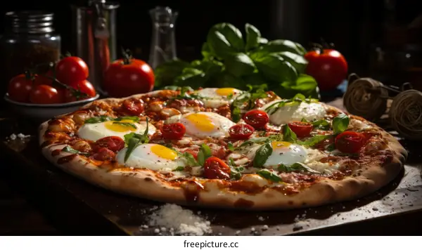 A delicious pizza with tomatoes, basil, and eggs on a wooden table