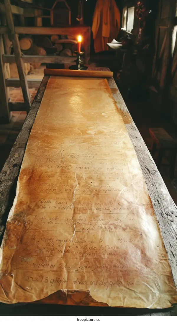 An ancient handwritten manuscript on a wooden table