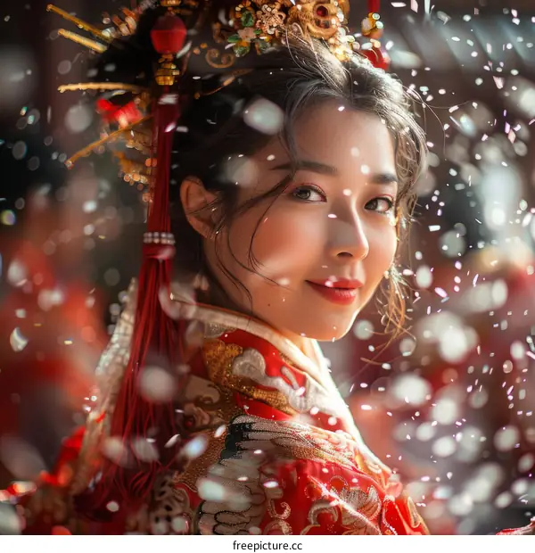 A young woman in a red and gold kimono smiles at the camera