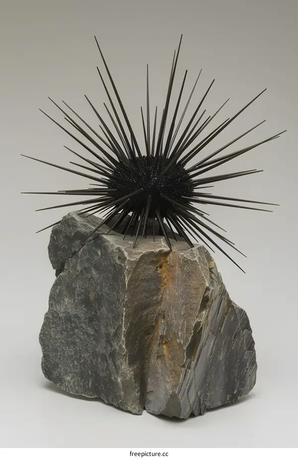Black sea urchin sculpture on a rock