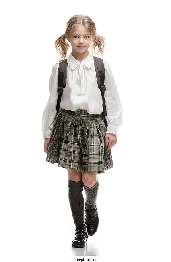 Schoolgirl in Uniform Walking on White Background