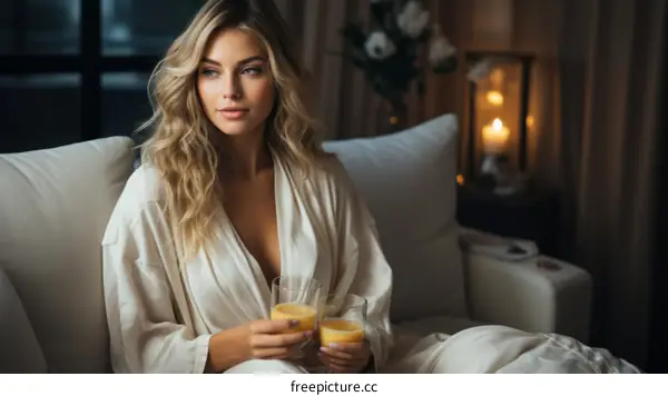 Elegant woman in white silk robe sitting on couch holding two glasses of orange juice