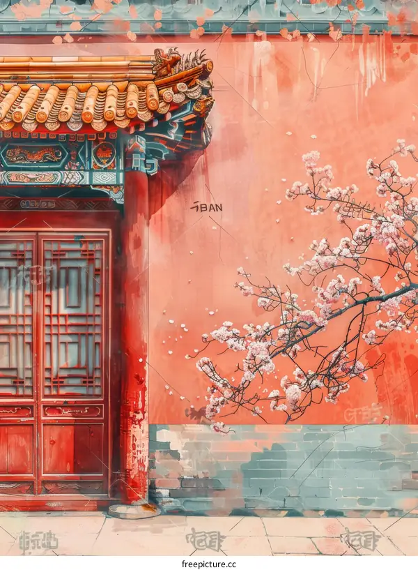 Chinese courtyard with red walls and pink plum blossom tree
