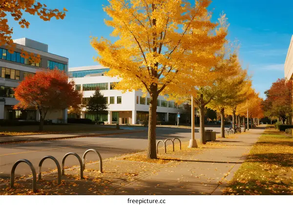 Autumn scenery with yellow trees and modern buildings under clear sky