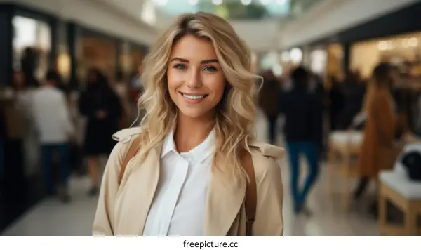Portrait of a Smiling Blonde Woman in a Trench Coat in a Shopping Mall