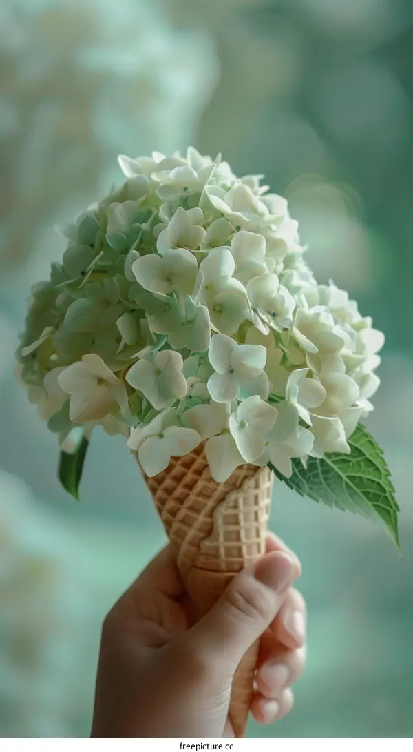 A hand holding an ice cream cone made of white and green flowers