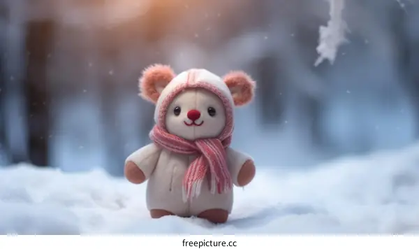 A cute teddy bear wearing a pink and white scarf and hat stands in the snow