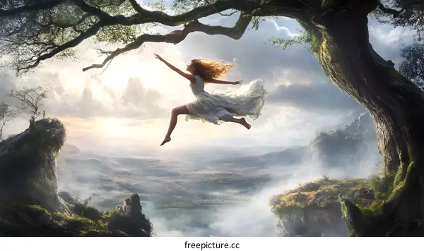 Woman Jumping From Tree Branch With Beautiful Fantasy Landscape