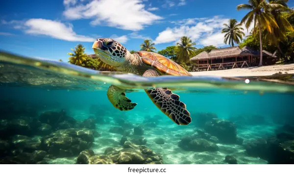 Half underwater shot of a sea turtle swimming near a tropical beach