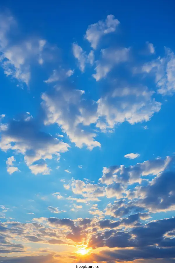 Blue sky with white clouds and setting sun