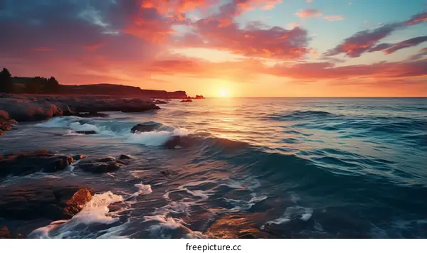 Rocky beach at sunset