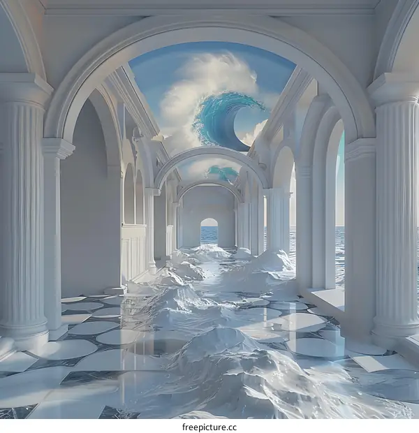 A large wave crashes through a classical building.