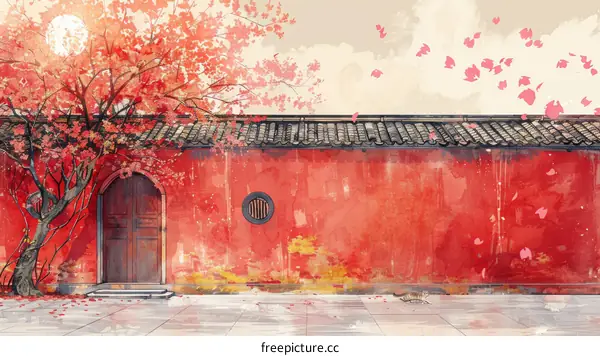 red wall and tree with pink flowers