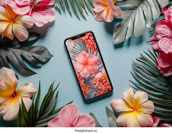 Tropical Flowers and a Smartphone on a Blue Background
