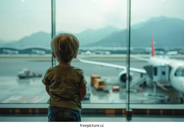 Little boy looking at airplanes at the airport