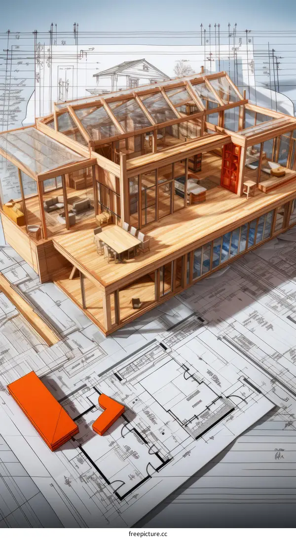 3D rendering of a modern house with large glass windows