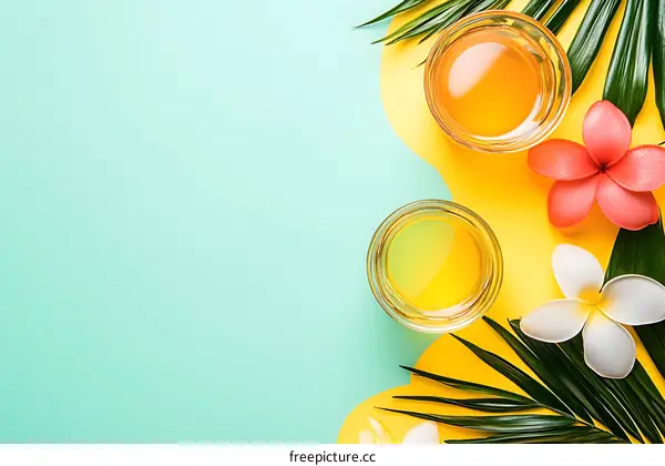 Tropical Background with Coconut Oil and Flowers