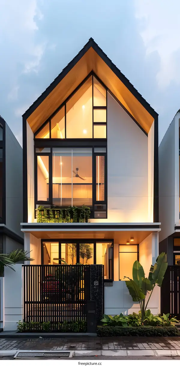 Modern Two Story Home with Wooden Roof and Large Windows