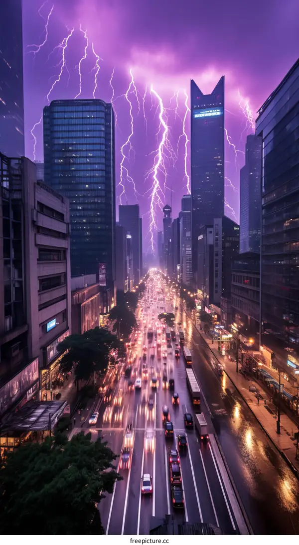 Purple lightning storm over city street with traffic