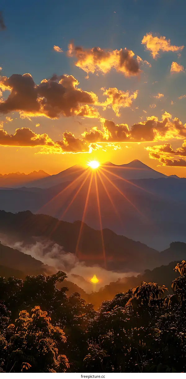 Golden Hour Sunset Over Mountain Ranges