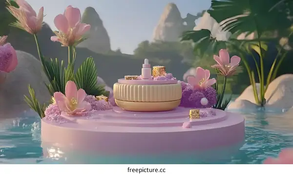 Pink Flower Bottle and Platform in Lush Green Nature