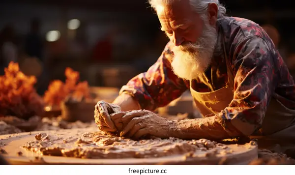 An old man kneads clay on a pottery wheel