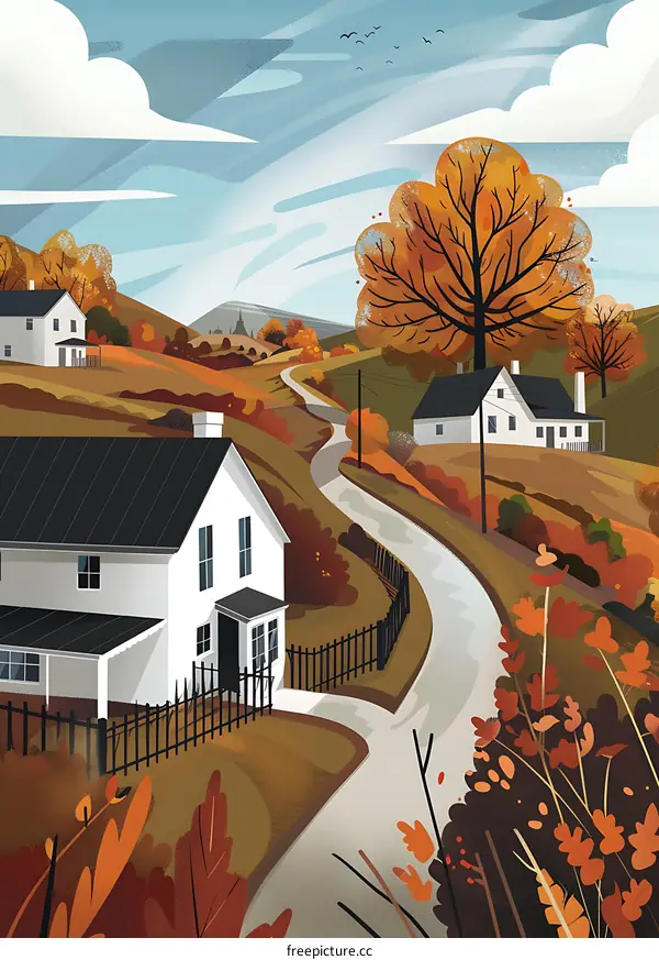 Autumn Road Landscape Illustration with White Houses