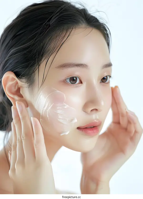 Beautiful Asian Woman Applying Facial Moisturizer
