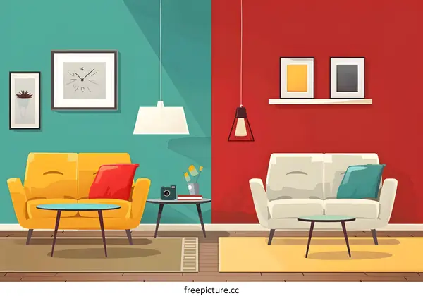 Modern Living Room Interior Design with Yellow and White Couches