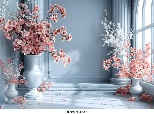 Pink and white cherry blossoms in blue room