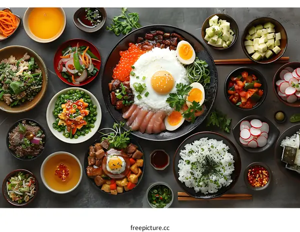 Japanese Food Dishes with Rice, Eggs, and Seafood