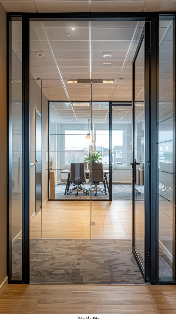 Modern Office Interior with Glass Wall and Conference Room