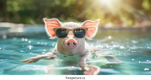 A cute pig wearing sunglasses is swimming in a pool