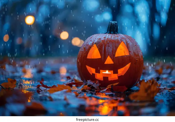 A spooky jack-o-lantern sits in the rain
