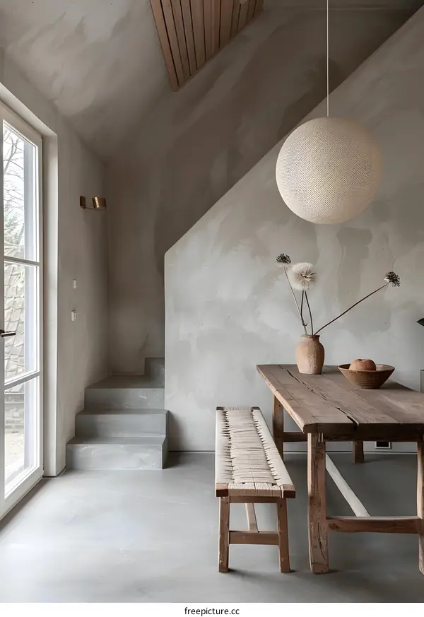 Rustic Wooden Dining Table and Bench In Minimalist Interior Design