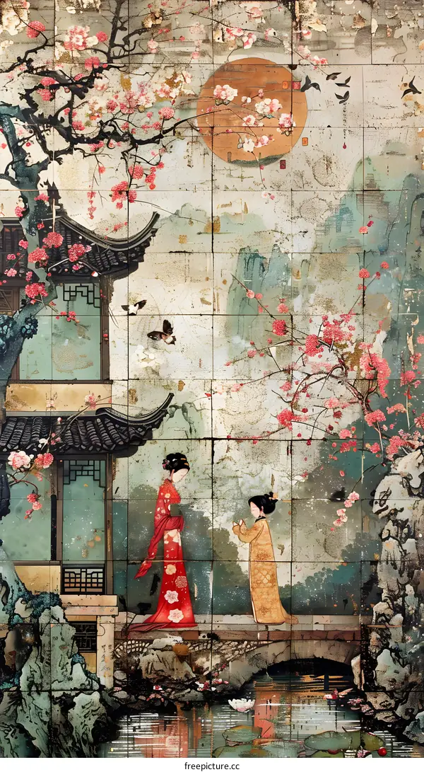 Two Chinese women in traditional dress in a garden
