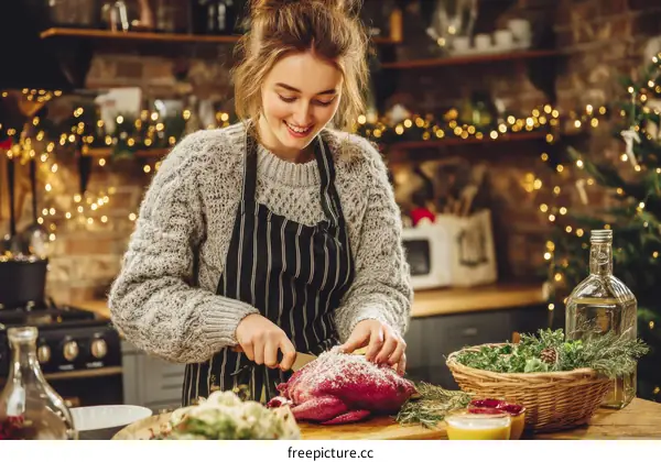 Woman Preparing Christmas Roast in Cozy Kitchen